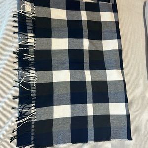 Navy blue and white scarf with fringe